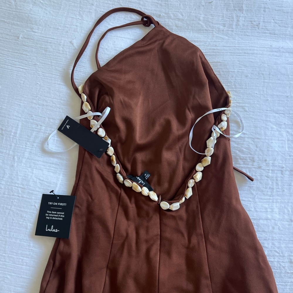 Lulu's Chocolate Brown Shell-Trim Mini Dress Size Small - Picture 6 of 8